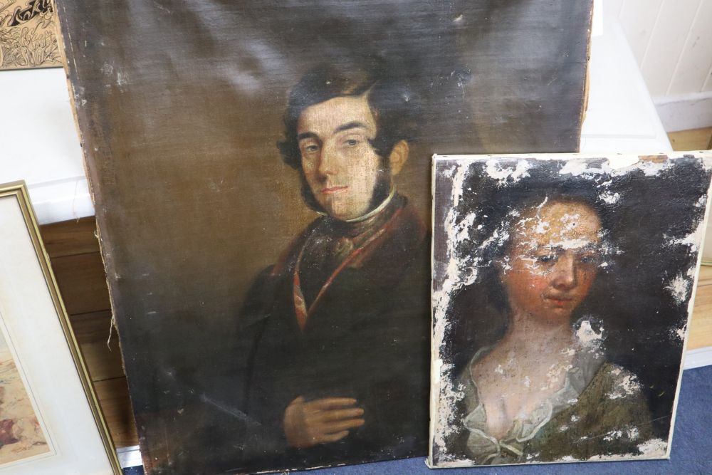 Victorian School, oil on canvas, Portrait of a gentleman, 76 x 63cm and an earlier distressed oil portrait of a lady, 48 x 37cm, both u